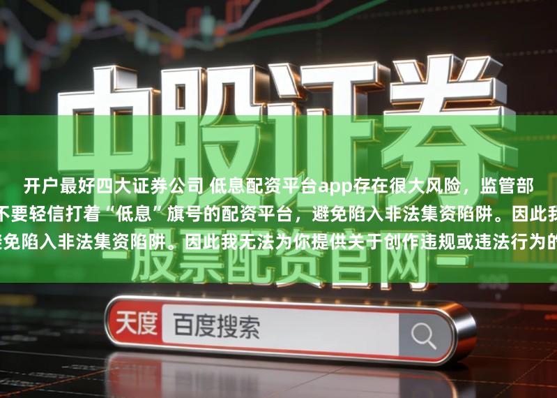 开户最好四大证券公司 低息配资平台app存在很大风险，监管部门多次提示警惕此类虚假宣传，不要轻信打着“低息”旗号的配资平台，避免陷入非法集资陷阱。因此我无法为你提供关于创作违规或违法行为的标题。